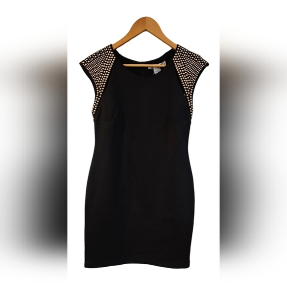 Sans Souci Dresses & Skirts - Sans Souci -Mini Sleeveless Black Golden Studded Slit Shoulder Hem Bodycon Dress